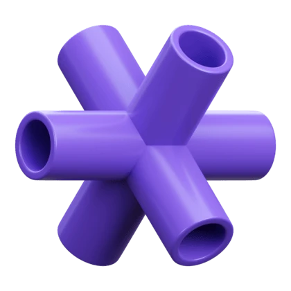 A 3D rendered geometric shape resembling a purple plastic pipe connector with six cylindrical openings arranged symmetrically, showcasing a modern and abstract design.