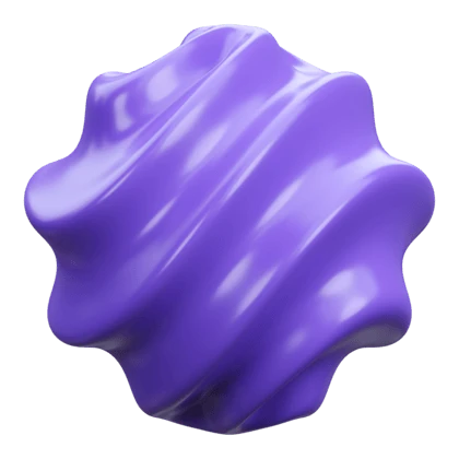 A vibrant, glossy purple 3D abstract shape with swirling, wavy surfaces, resembling a twisted, smooth sculpture, floating against a plain backdrop.
